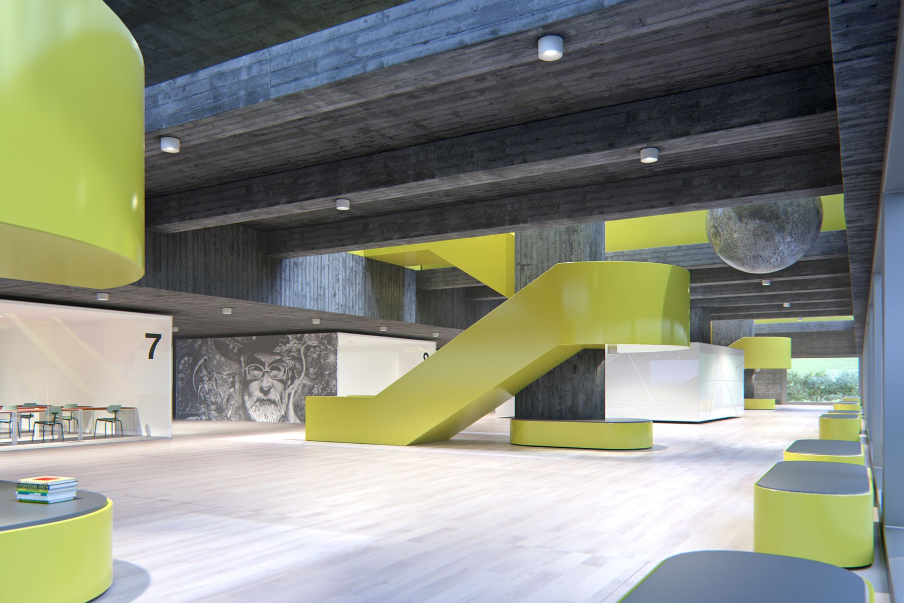 ERCO has developed the Skim surface-mounted luminaire for situations where ceiling architecture does not allow the installation of recessed downlights. Visualisation: Electric Gobo
