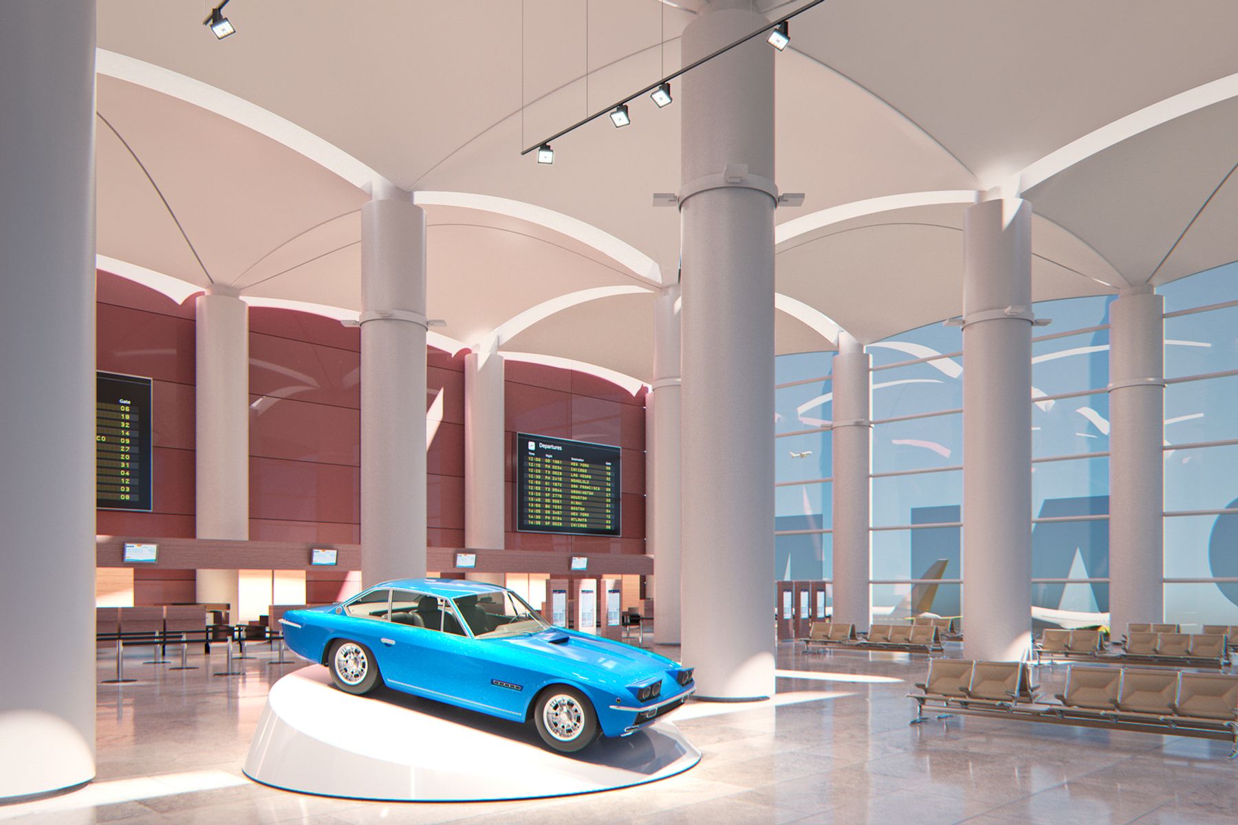 High lumen-output luminaires are needed for large lighting distances and high rooms – e.g. for displaying large sculptures in the foyer of a museum or for uniform wallwashing in an airport. Visualisation: Electric Gobo