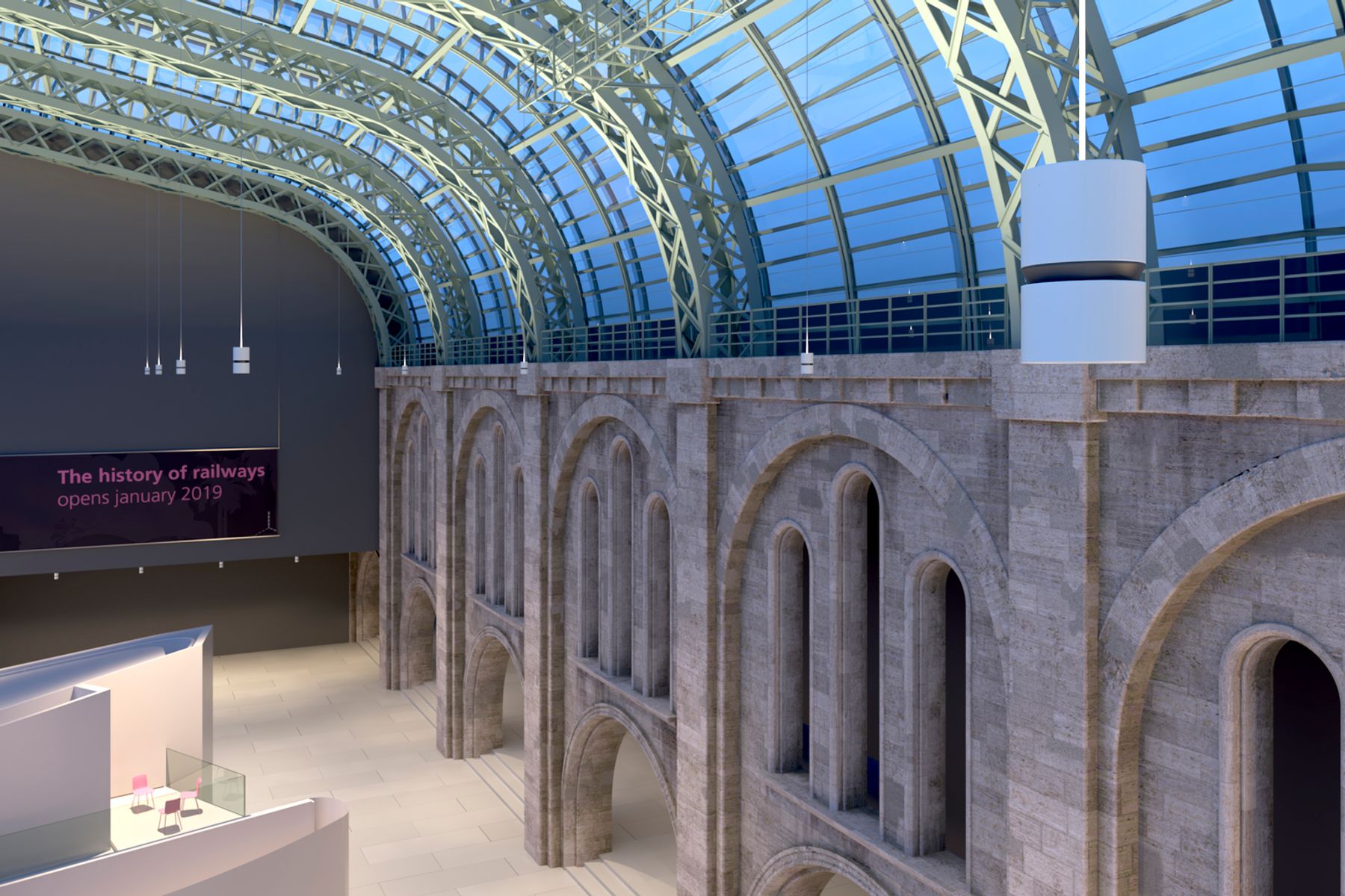 Atrium double-focus luminaires are especially suitable for high rooms, foyers, public buildings and sacred spaces. Visualisation: Electric Gobo