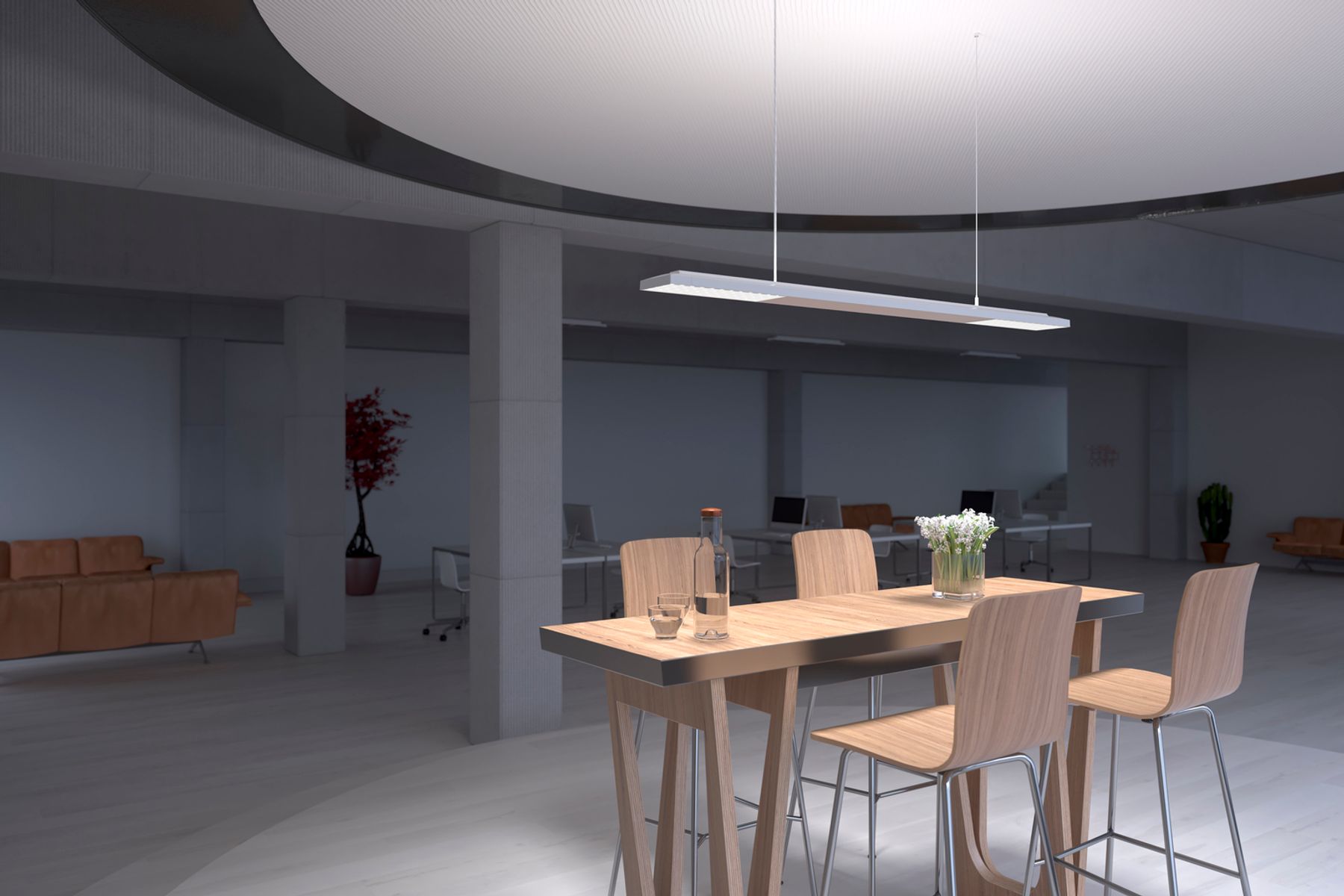 Jilly pendant luminaires specialise in particularly efficient, standard-compliant lighting for office workplaces. Visualisation: Electric Gobo