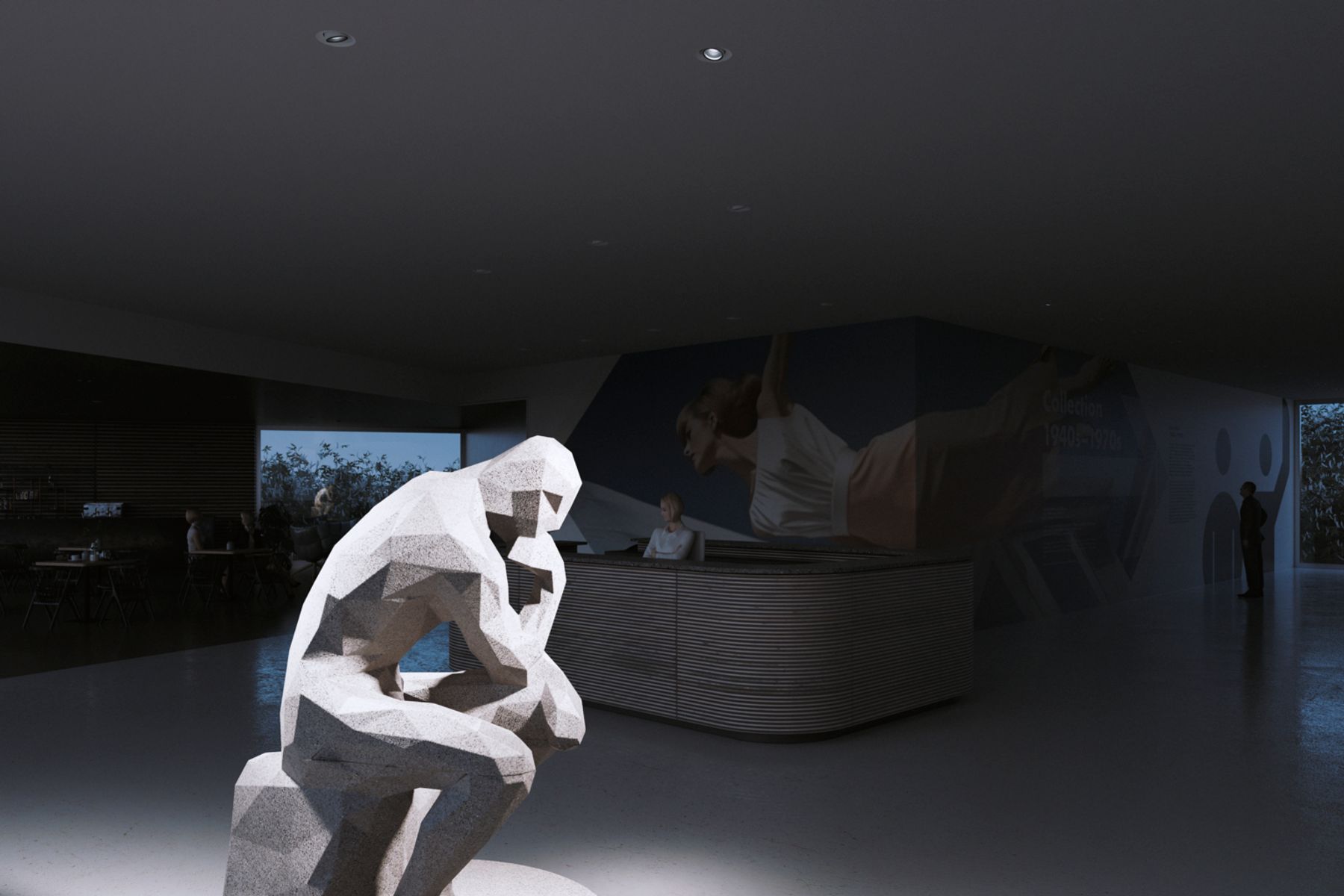 Real team players: Quinta recessed spotlights go just as well with Quintessence or Atrium downlights as Eclipse or Uniscan spotlights. Visualisation: Electric Gobo