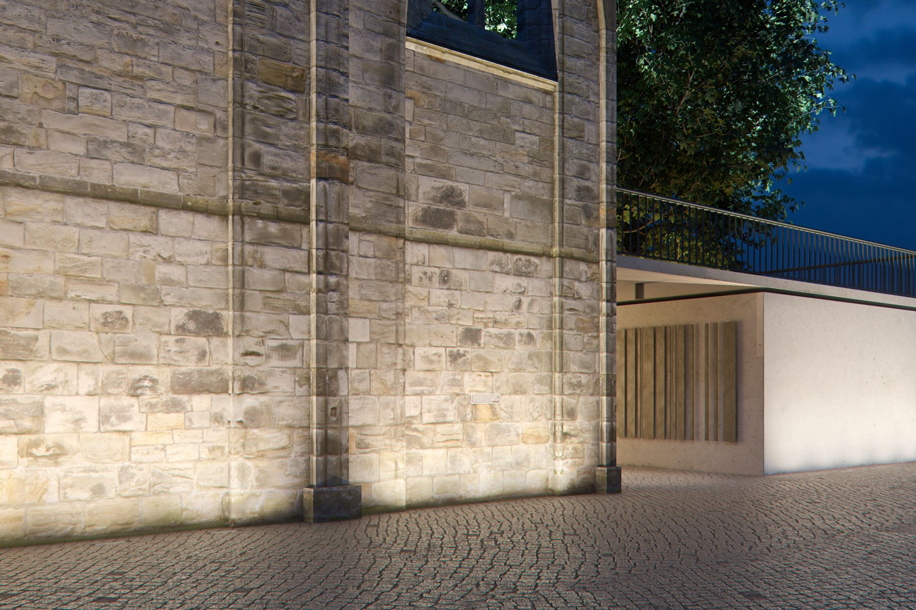 Site emphasises the tactile qualities of architectural materials – the grazing light wallwasher makes even the finest structures of wood, concrete and brick and rough surfaces such as natural stone clearly visible. Visualisation: Electric Gobo