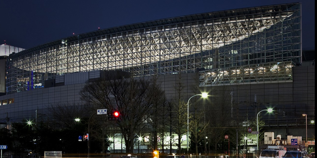 Tokyo International Forum illuminated at night, showcasing energy-efficient LED lighting.