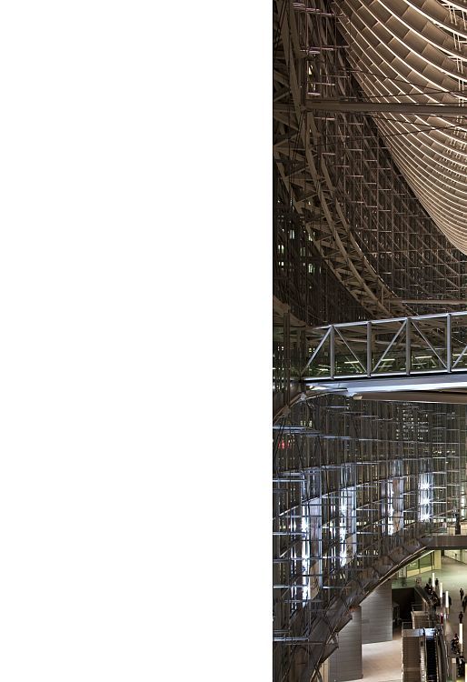 Interior view of the Tokyo International Forum featuring energy-efficient LED lighting.