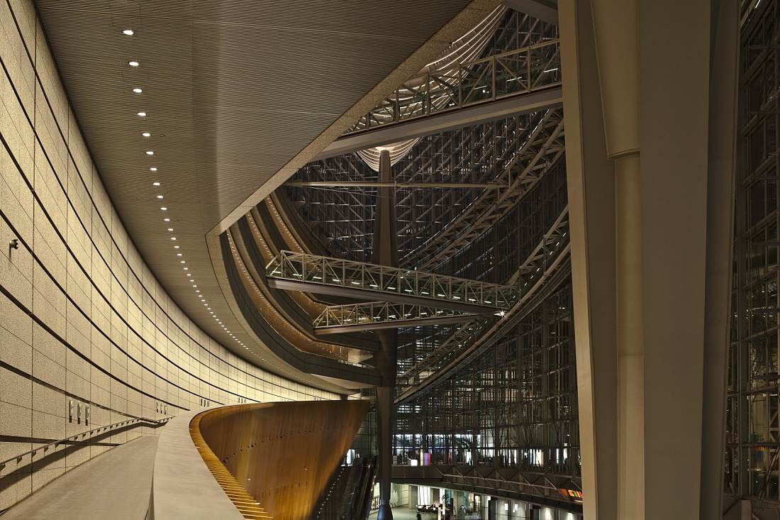 Interior view of Tokyo International Forum featuring energy-efficient ERCO lighting.
