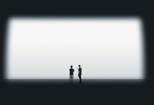 Two people view a wall illuminated by ERCO wallwashers, demonstrating uniform vertical lighting.