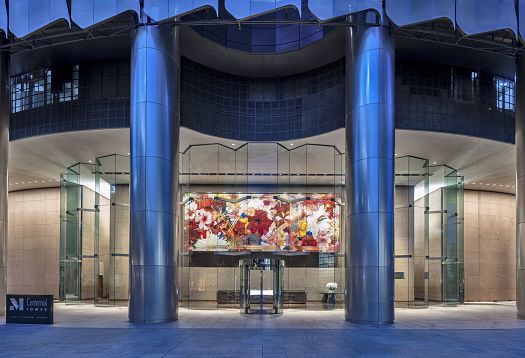 Centennial Tower entrance featuring wallwashing lighting for orientation and visual comfort.