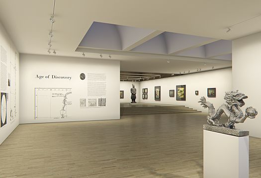 Museum exhibit featuring ERCO LED spotlights illuminating artwork and a dragon sculpture.