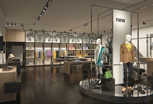 Well-lit clothing store using ERCO LED lighting to highlight merchandise displays.