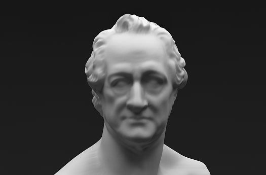 Goethe bust in a museum space, modeled with directional light for accent lighting.