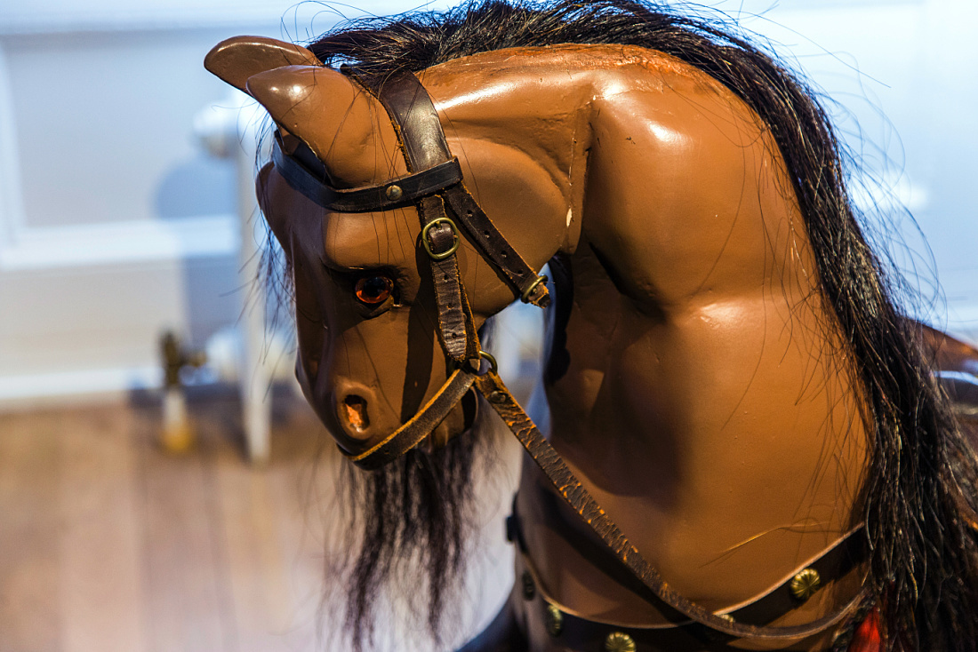 Close-up of an antique rocking horse at Airfield Farm Museum.