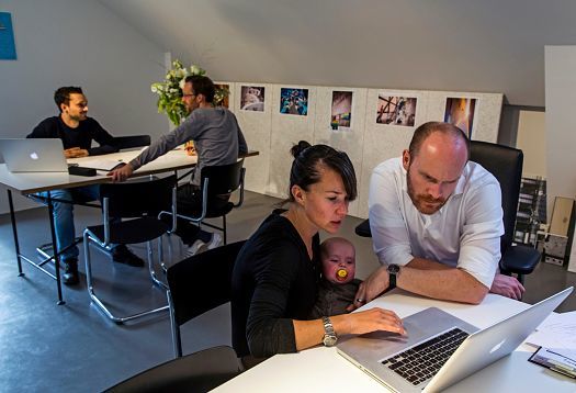 Archimedes agency office: Team working on a laptop, including a baby, under ERCO office lighting.