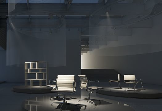 ERCO lighting highlights office chairs and shelving in a foyer, accentuating architectural elements.
