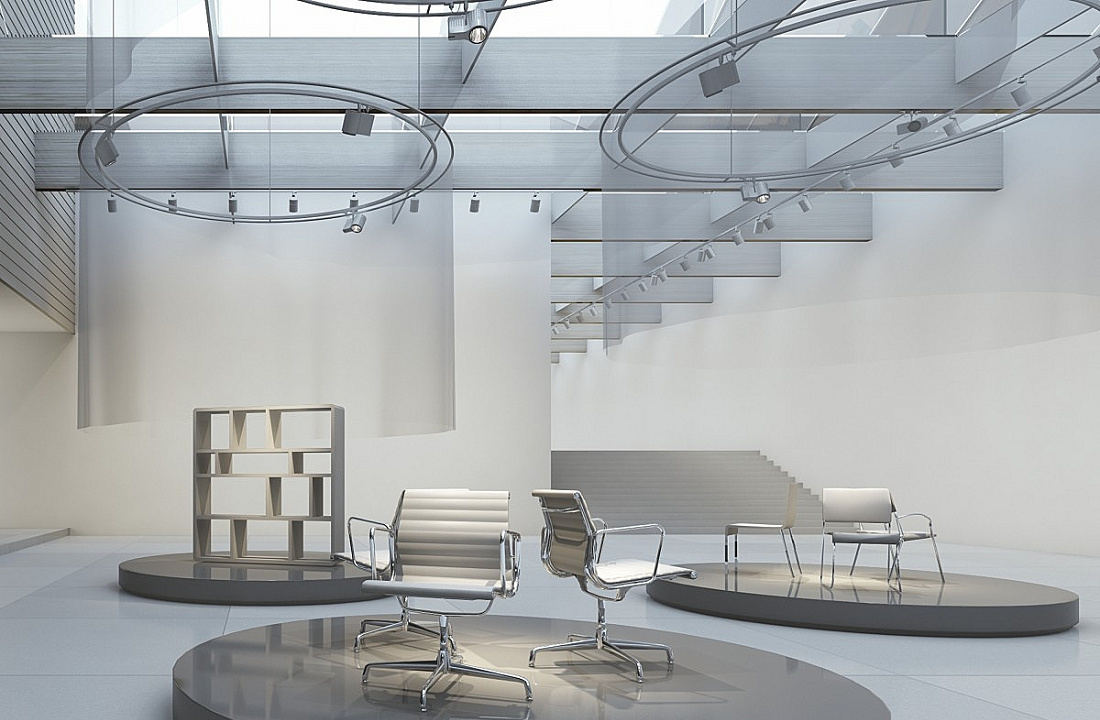 ERCO lighting solution in a foyer: Accent lighting highlights exhibits, enhanced by daylight.