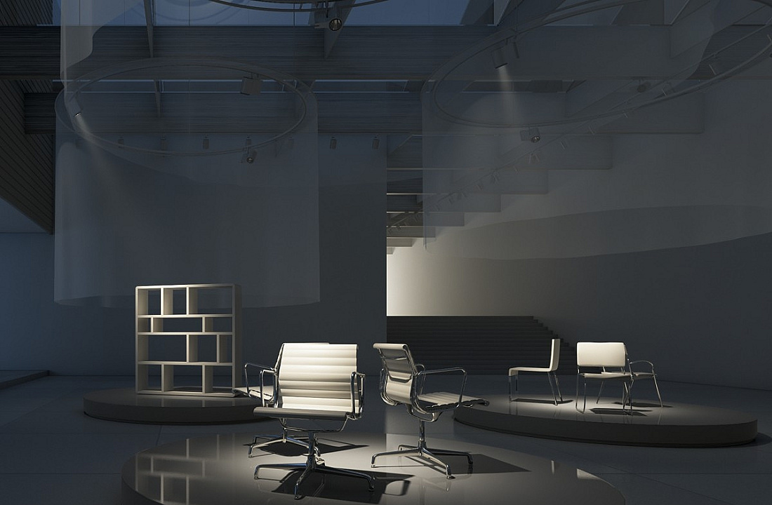Office exhibit featuring lighting that blends architectural elements and stage lighting effects.