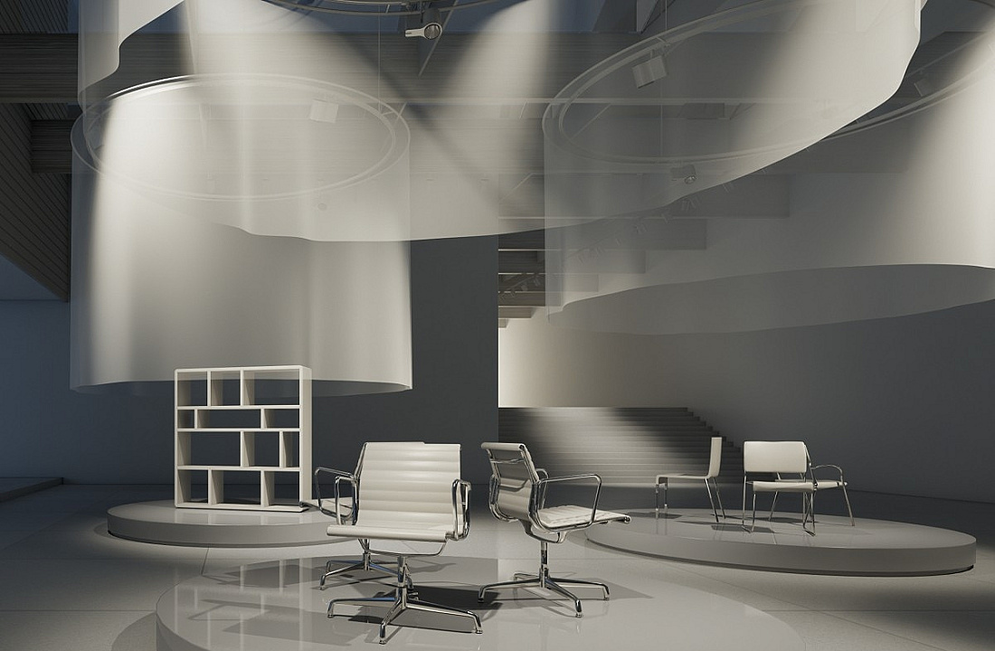 Office exhibit featuring Eames chairs, illuminated with ERCO lighting for accent and spatial effects.