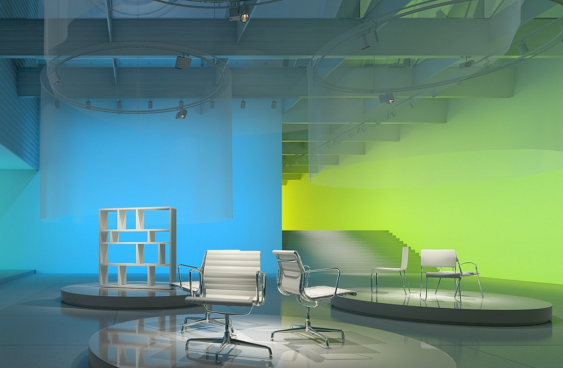 Office exhibit featuring ERCO lighting: Accent lights highlight furniture and space.