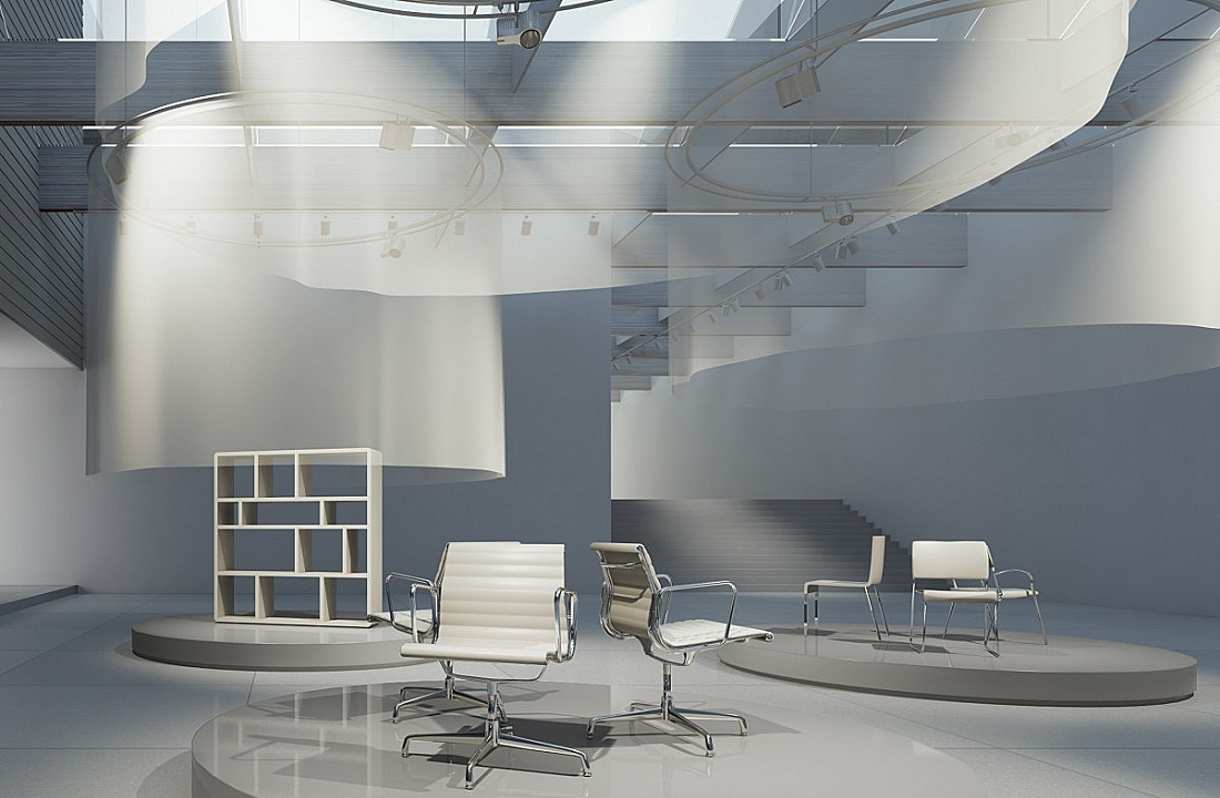 Office exhibit featuring ERCO lighting, highlighting displays and creating a stage-like atmosphere.