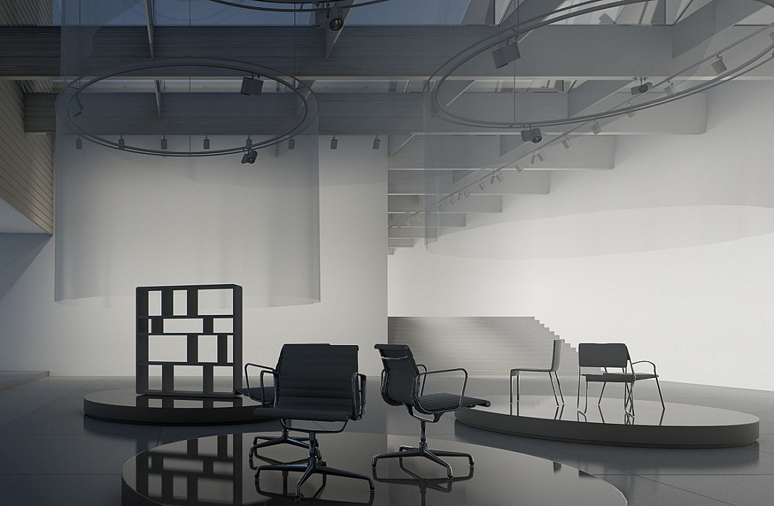Architecture and theater: ERCO lighting highlights exhibits with flexible spotlights in a modern foyer.