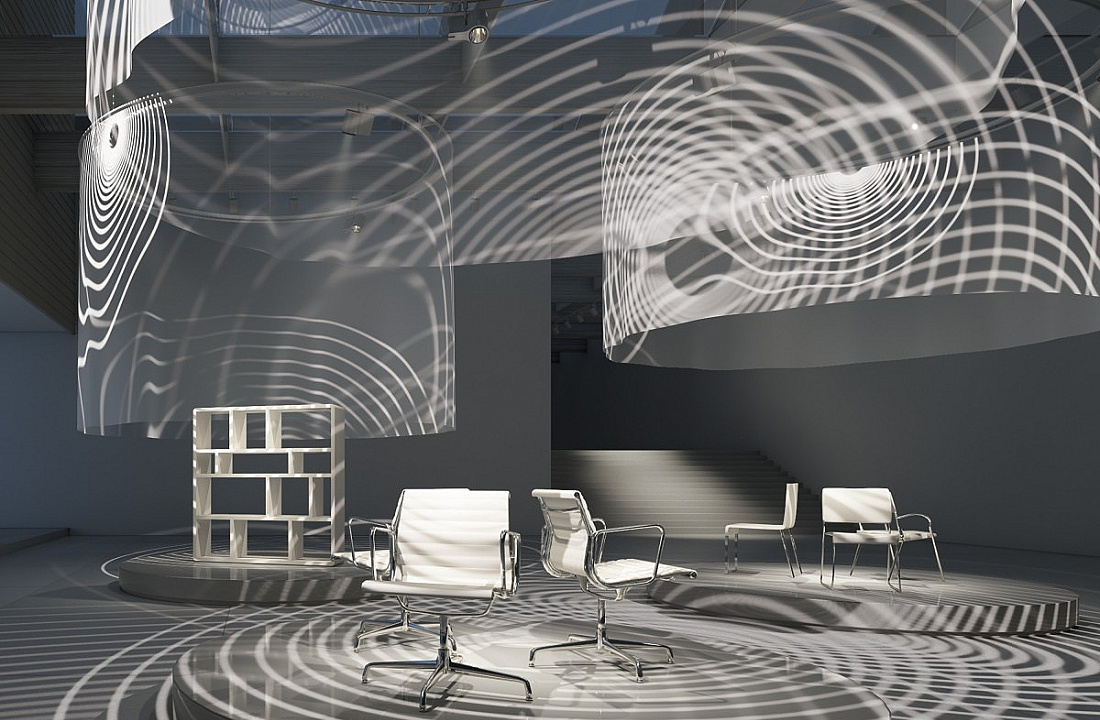 Exhibition space featuring ERCO lighting, highlighting architectural elements and creating a stage-like atmosphere.