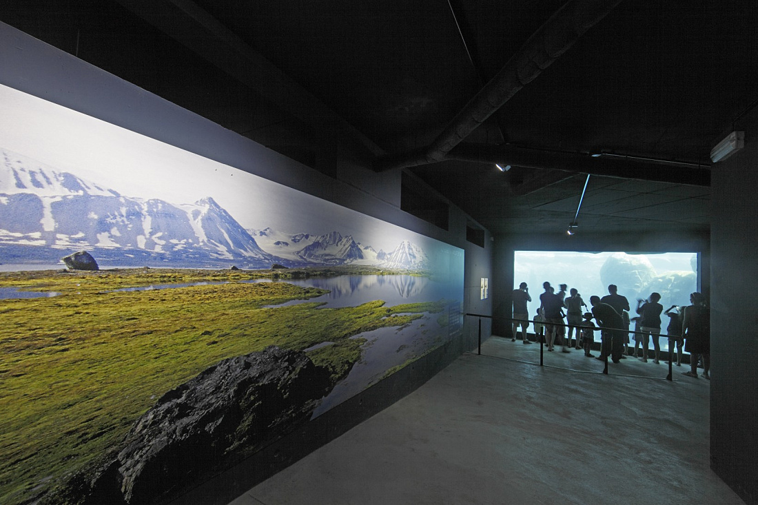 Visitors view the Arctic exhibit at Hagenbeck Zoo, illuminated by ERCO Grasshopper LED spotlights.