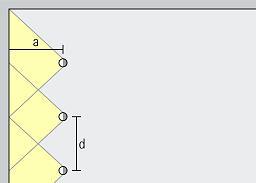 Diagram of downlight arrangement, showing luminaire spacing (d) and wall distance (a).