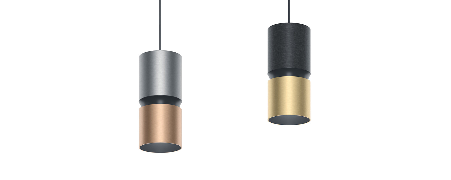 Two ERCO Atrium double focus pendant luminaires, sophisticated lighting for high rooms.