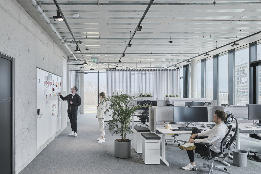 ERCO Skim downlights and Logotec spotlights illuminate flexible workspaces at Baramundi Software AG headquarters.