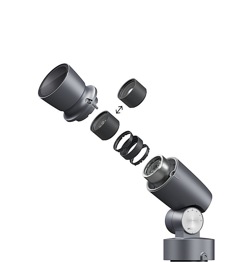 ERCO Beamer projector showcasing interchangeable lenses for precise outdoor lighting.