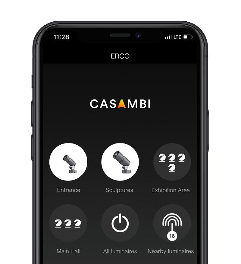 ERCO Beamer lighting control via CASAMBI app on a smartphone.