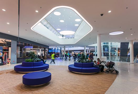 Bory Mall Bratislava interior featuring ERCO Skim downlights for pleasant illumination.