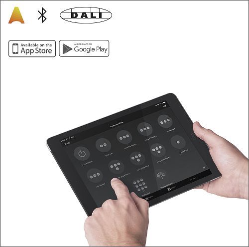 ERCO lighting control on a tablet, showcasing smart lighting solutions for modern offices.