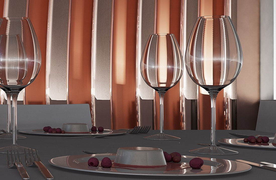Wine glasses and desserts on a table, illuminated with ERCO lighting for brilliance.