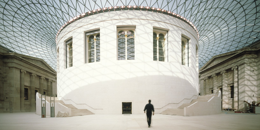 British Museum's Elizabeth II Court featuring steel-latticed roof and Trion Uplights illuminating the dome.