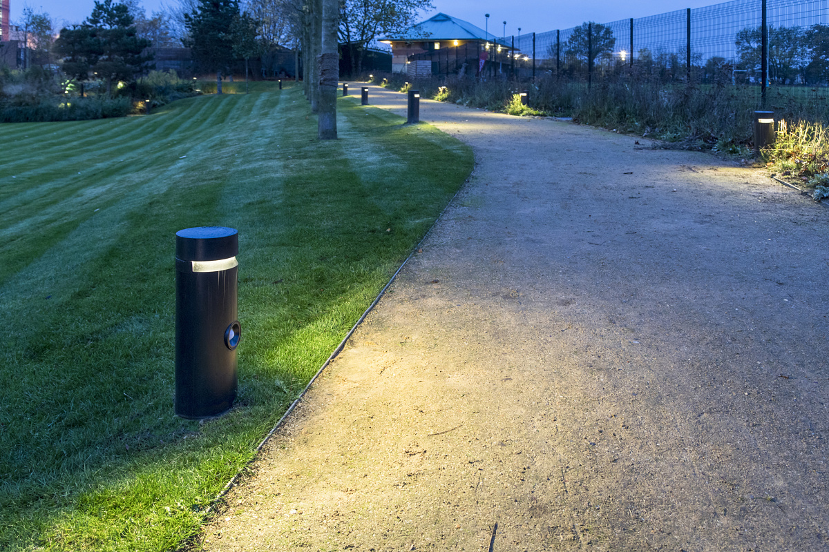 ERCO Castor bollard luminaires lighting a path at British Sky Broadcasting campus.