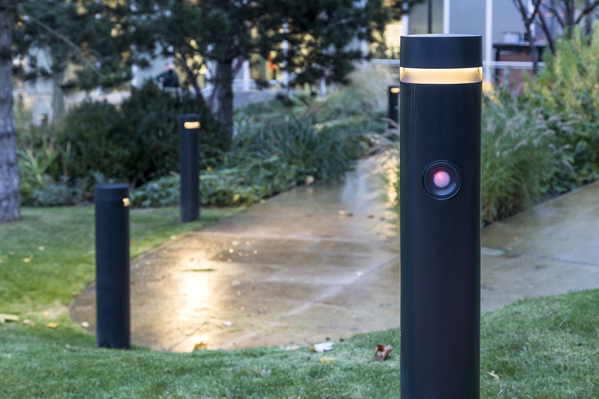 ERCO Castor bollard luminaire with motion sensor for precise outdoor lighting.