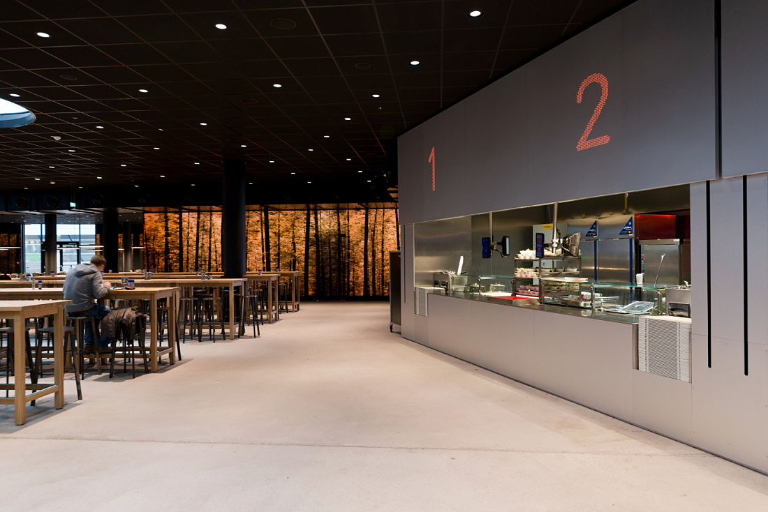 Vienna University cafeteria featuring ERCO LED lighting, designed for social interaction.