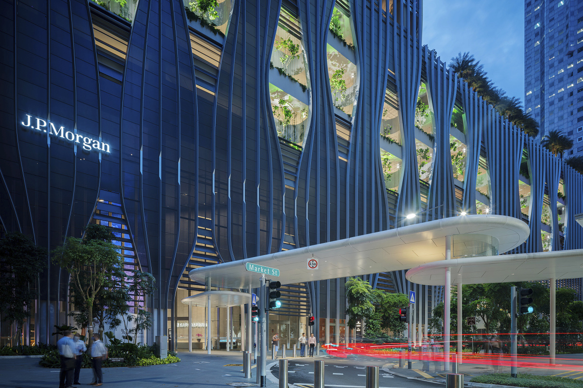 CapitaSpring building in Singapore featuring ERCO outdoor lighting and vertical gardens.