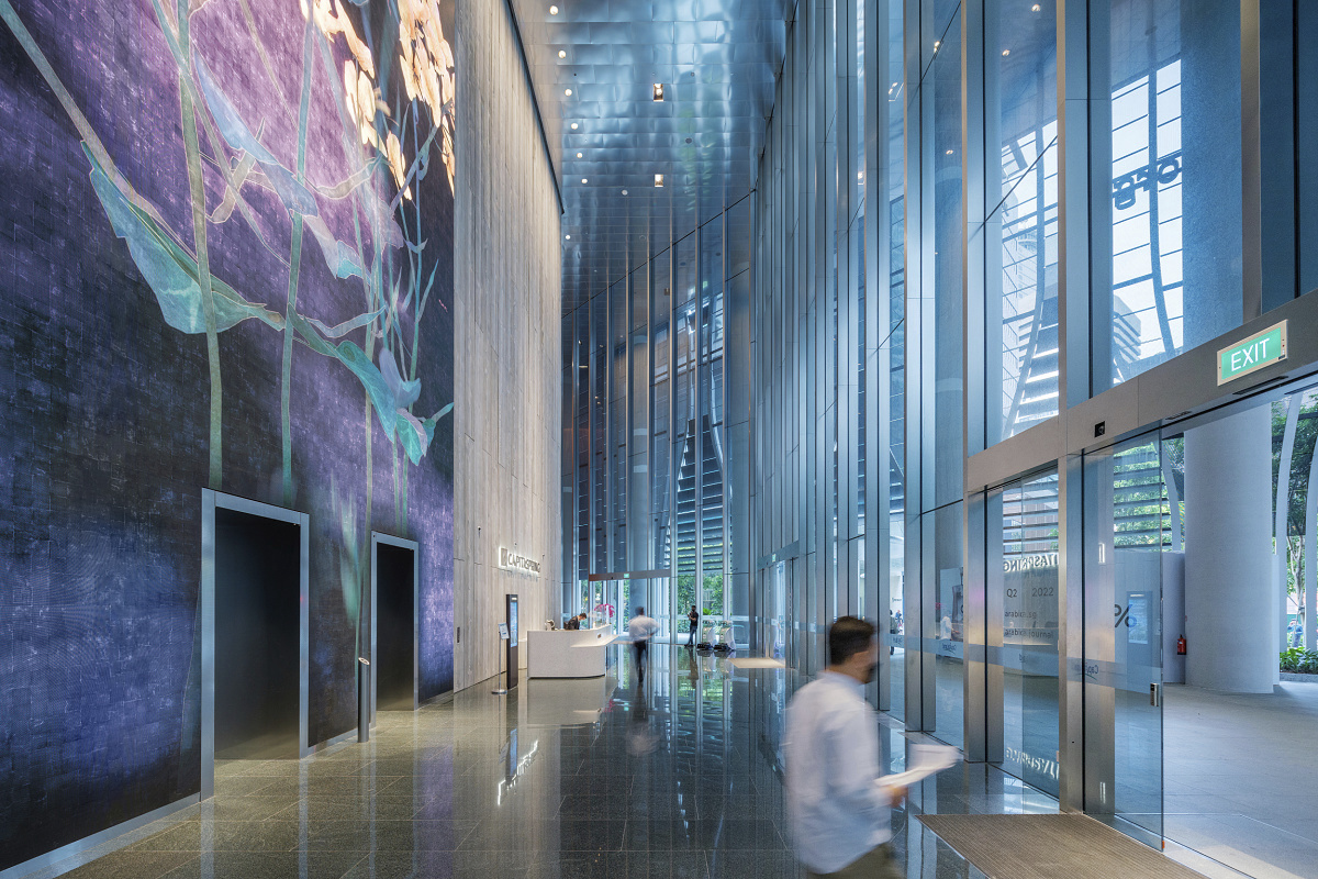 CapitaSpring lobby in Singapore, featuring ERCO lighting for visual comfort.