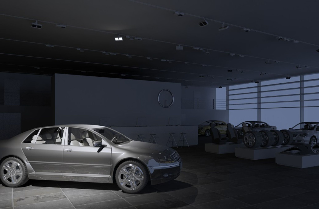 Car dealership lighting: ERCO spotlights accentuate vehicle details and enhance the showrooms ambiance.