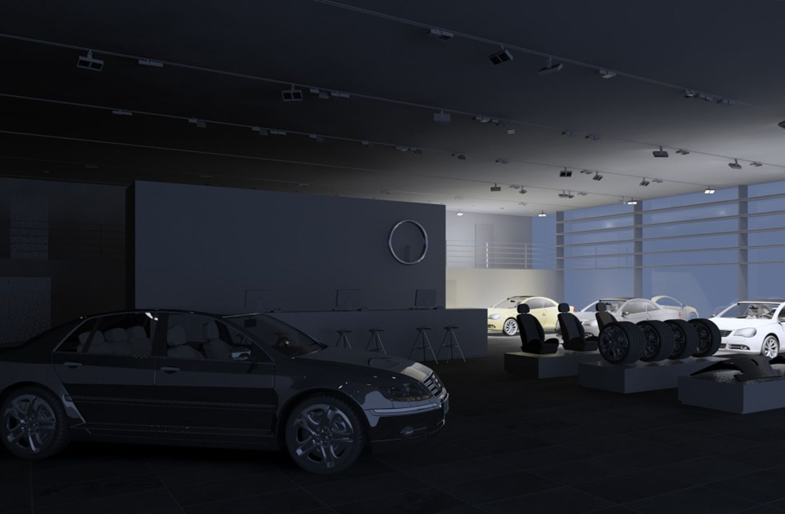 Car dealership lighting by ERCO: Spotlights, floodlights, and wallwashers enhance vehicle presentation and showroom ambiance.
