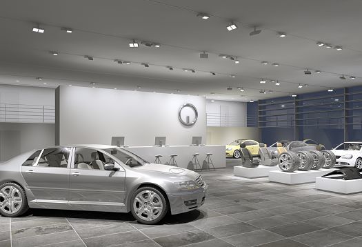 Car dealership featuring ERCO lighting, highlighting vehicles and accessories, enhancing brand image with effective illumination.
