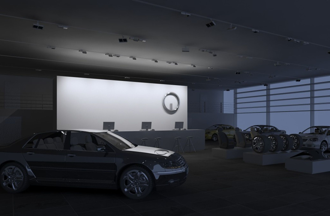 Car dealership lighting by ERCO: Spotlights, floodlights, and wallwashers enhance vehicle presentation and showroom ambiance.