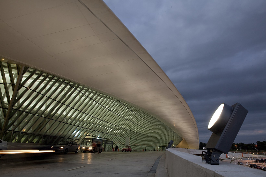 Carrasco International Airport illuminated at night with ERCO lighting.