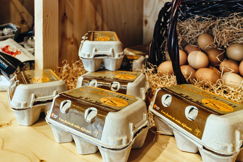 Casa Tió: Fresh eggs in cartons, displayed with ERCO LED lighting for optimal color rendering.