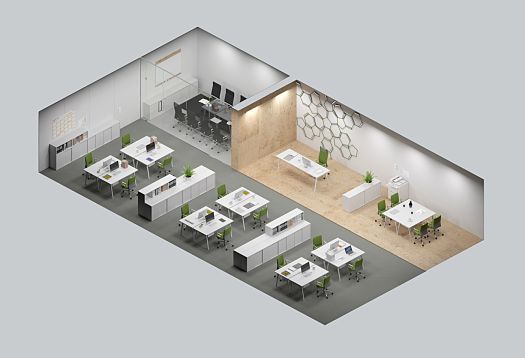 Office floor plan featuring workstations and meeting room, showcasing zonal lighting for visual comfort and energy efficiency.