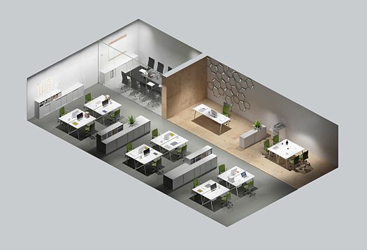 Büro-Grundriss mit Zonenbeleuchtung für visuellen Komfort und energieeffizientes Arbeiten.