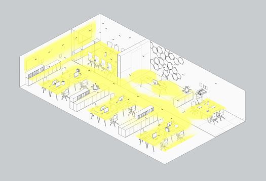 Zonal office lighting with ERCO light, enhancing visual comfort and energy efficiency.