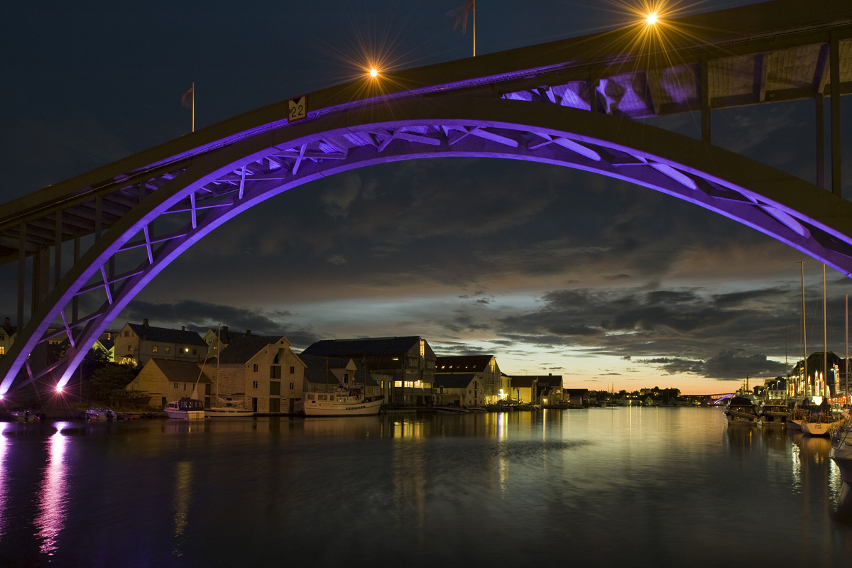 Bridge with colored lighting for additive color mixing in Haugesund, Norway.