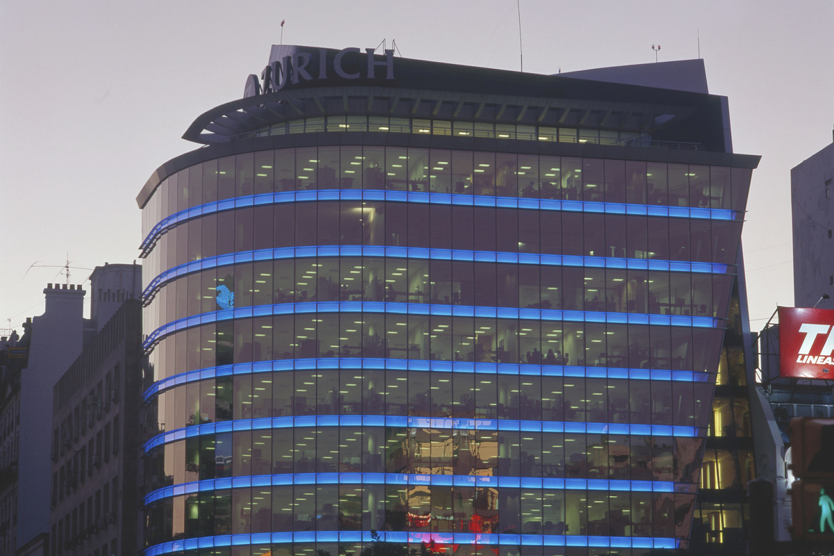 The Zurich building with blue lighting in Buenos Aires.